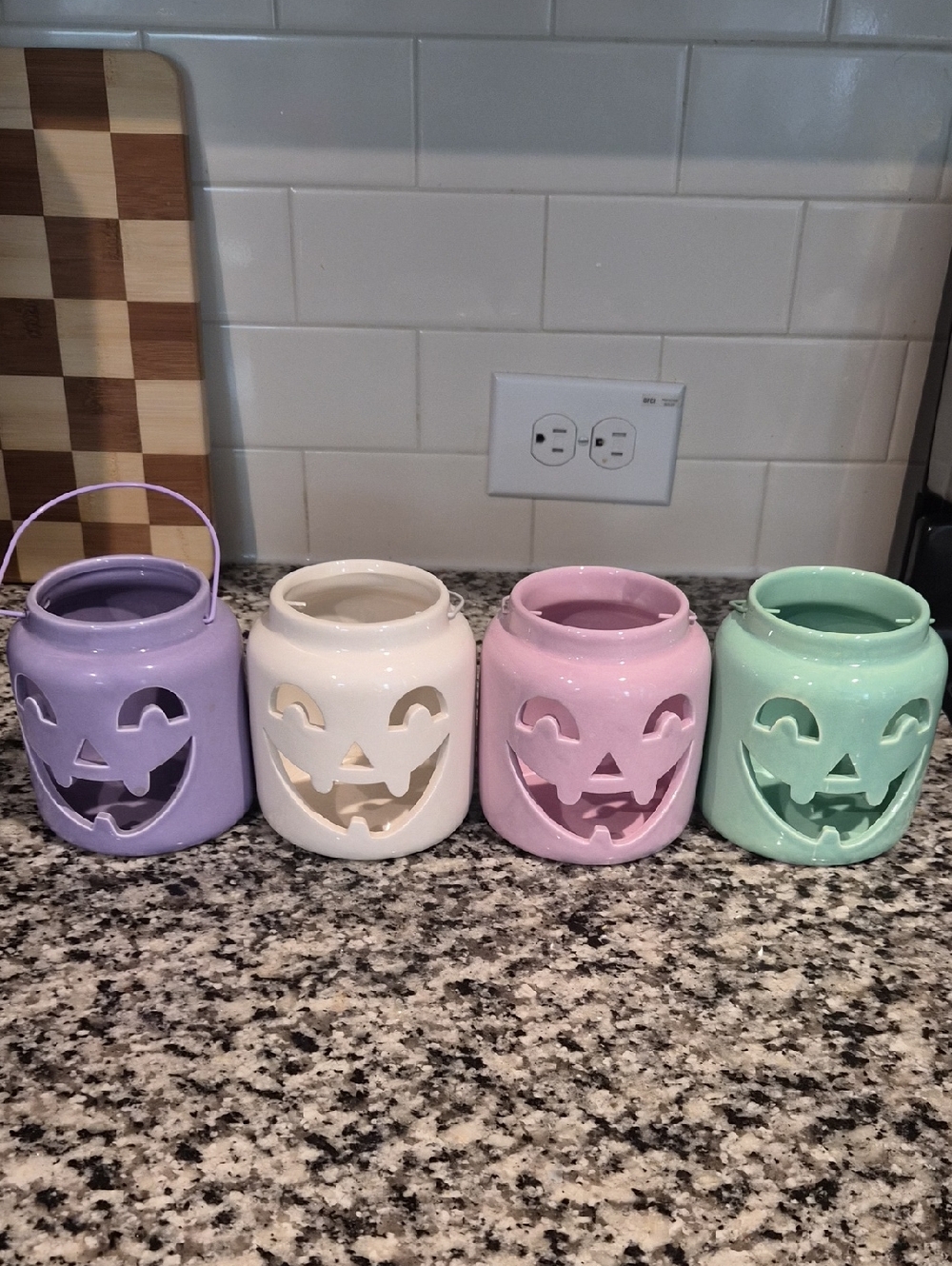 Ceramic Pastel Jack-O'-Lantern Candle Holders - Set of 4 Pink Green Purple Cream